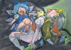 2girls cirno cum cum_inside enajii female flandre_scarlet fucked_silly futa_on_female futa_with_female futanari intersex multiple_girls open_mouth penis ribbon sex stomach_bulge tongue touhou wings