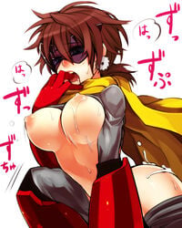 armor beige_skin breasts brown_hair clothes color cum ear_piercing eyewear female female_only glasses hair human mega_man mega_man(classic) nipples open_mouth piercing proto_man purple-tinted_eyewear round_ears rule_63 solo sunglasses tinted_eyewear visor white_background zakki