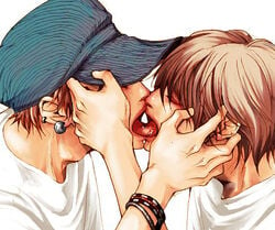 2boys bracelet brown_hair closed_eyes earrings hat jewelry kissing lowres multiple_boys nagoya_haruko open_mouth short_hair tongue yaoi