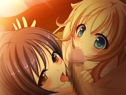 1boy 2girls blush censored cooperative_fellatio fellatio fumizuki_yukari game_cg handjob looking_at_viewer mosaic_censoring multiple_girls oral penis semen_junkie tagme takahara_miyu tokisaki_aoi tongue