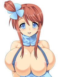 alternate_breast_size bad_id blue_eyes blush breast_squeeze breasts brown_hair bursting_breasts female female_only gym_leader huge_breasts human long_hair naru_(kuma) nintendo nipples pokemon pokemon_bw red_hair simple_background skindentation skyla_(pokemon) sling_bikini smile solo swimsuit undersized_clothes white_background