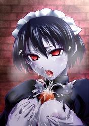 blue_skin breast_hold breast_squeeze breasts censored cum cum_on_body cum_on_breasts cum_on_upper_body female maid maid_headdress male mary_(soul_hackers) megami_tensei open_mouth paizuri penis red_eyes saliva segami_daisuke short_hair soul_hackers straight tongue torn_clothes