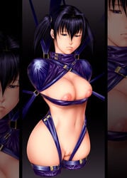 amputee belt black_hair bondage bound breasts closed_mouth guro inverted_nipples leather mound_of_venus navel nipples octopus_trap pussy quadruple_amputee shaved_pussy short_hair strap tied_hair twintails uncensored women_livestock