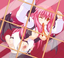 against_glass aliasing bat_wings blush breasts cum demon_tail demon_wings disembodied_limb garter_belt grinding hanging_breasts head_wings koakuma large_breasts long_hair magic_penis marimo_(artist) mouth_hold nipples one_closed_eyes open_clothes open_shirt outercourse panties panties_down panty_pull penis pink_hair red_eyes red_hair sex shirt shirt_lift solo striped striped_panties sweat tear the_embodiment_of_scarlet_devil thigh_sex thighs touhou wince window wings wink