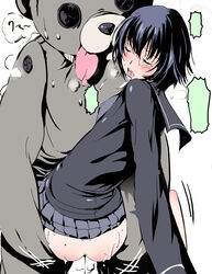 amagami animal_costume ass black_hair blush closed_eyes female fur furry heavy_breathing highres huge_tongue long_tongue male_focus mascot nanasaki_ai open_mouth panting saliva school_uniform sex shino_(comic_penguin_club) short_hair tongue