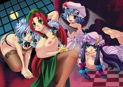 back banana barefoot bat_wings beret blue_eyes blue_hair bottle bowtie braid breast_envy breasts checkered chinese_clothes crescent crescent_moon food fruit full_moon green_eyes hat hong_meiling large_breasts lingerie long_hair looking_back lying maid maid_headdress miero moon multiple_girls nipples off_shoulder on_stomach open_clothes open_shirt pantyhose patchouli_knowledge purple_eyes purple_hair red_eyes red_hair remilia_scarlet ribbon sakuya_izayoi shirt short_hair silver_hair staring_at_breasts thighhighs touhou twin_braids underwear underwear_only window wings