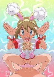 1boy 1girls :d absurdres animal_ears bangs blush bottomless brown_hair bunny_ears bunny_pose choker clothed_female_nude_male commentary_request eyelashes fake_animal_ears female grey_eyes hairband hands_up highres may_(pokemon) miraa_(chikurin) nude official_alternate_costume open_mouth pink_choker pink_footwear pink_shirt pokemon pokemon_(game) pokemon_masters pokemon_masters_ex pussy shirt shoes short_sleeves smile sparkle spread_legs spring_may_(pokemon_masters) squatting_cowgirl_position star_(symbol) straight tongue upper_teeth wrist_cuffs yellow_hairband