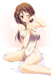 brown_eyes brown_hair cum cum_in_mouth erect_nipples female female_only highres hoppege human human_only k-on! long_hair naked_sheet open_mouth simple_background solo sweat tachibana_himeko_(k-on!) wink