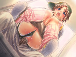 androgynous ass baseball_cap blue_eyes blush brown_hair censored character_request copyright_request female hat kuroneko_sakon panties panty_pull penis pussy rape short_hair tomboy underwear