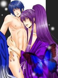 2boys black blue blue_eyes blue_hair butterfly gakupo_kamui gay japanese_clothes kaito long_hair male/male male_only multiple_boys nail_polish purple_eyes purple_hair ribbon shion_kaito uke vocaloid yaoi