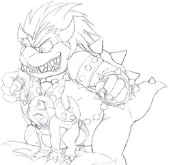 1boy 1girls anal anal_beads beads bed bow bowser bracelet claws collar crying eyelashes female from_behind furry koopa koopalings leash lipstick male mario_(series) monochrome nintendo penis polka_dots shell sketch spiked_shell spikes spiky_shell stomach_bulge tail wendy_o._koopa zetsho