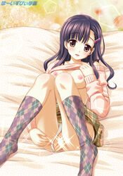 1girls argyle_legwear black_hair black_socks breasts brown_eyes censored feet female footwear head_tilt highres knee_socks kneehighs kneesocks long_hair nipples novelty_censor ohizumi_daisaku original panties panties_aside pattern_socks pussy shirt_lift socks solo sparkle underwear