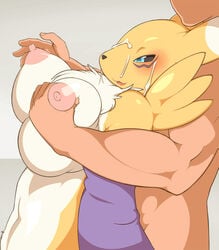 aqua_eyes black_sclera blush breast_squeeze breasts breasts_grab comic cum cum_on_face digimon digital_sex_life erect_nipples facial fox furry high_resolution huge_breasts large_nipples muscle nipples nude puffy_nipples renamon sindoll textless_version