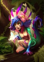 1girls flower javehorny league_of_legends multicolored_hair multicolored_skin neeko nude open_mouth outside short_hair small_breasts solo tail yellow_eyes