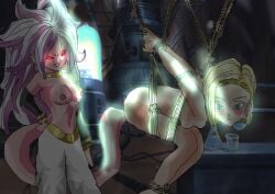 2girls anal anal_object_insertion android_18 android_21 anime_coloring bondage bound dark_background dragon_ball dragon_ball_fighterz dragon_ball_z femdom jewelry majin_android_21 multiple_girls non-web_source nude object_insertion tail yuri