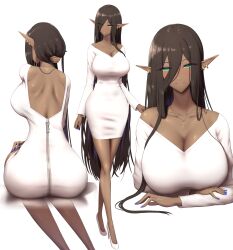 1girls back back_view backless_dress bare_legs beauty_mark blush breasts brown_hair cleavage collarbone crossed_arms dark-skinned_female dark_elf dark_hair dark_skin dress ear_piercing ear_ring earrings elf elf_ears elf_female eye_contact eyebrows_visible_through_hair eyes_visible_through_hair eyeshadow female female_focus female_only front_view green_eyes hair_between_eyes hair_over_one_eye head_tilt heart heart_necklace heels high_heels key large_breasts long_hair long_legs long_neck long_sleeves looking_at_viewer milf mole mole_under_mouth multiple_views necklace pencil_dress pencil_skirt pointed_ears pointy_ears shiny_skin shiroshisu sitting smile sole_female solo solo_focus standing tagme thin_waist tight_clothing very_long_hair white_background white_clothes white_clothing white_dress wide_hips zipper zipper_pull_tab