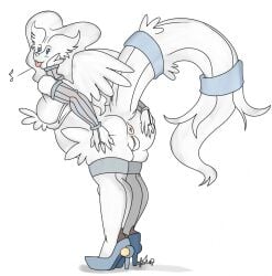 anthro anthrofied anus ass blue_eyes detached_sleeves female fur furry furry_only heels hi_res legendary_pokémon long_tail musical_note nelsonnoir nintendo pokémon_(species) pokemon presenting presenting_anus presenting_hindquarters presenting_pussy pussy reshiram solo tail thick thighhighs tongue tongue_out white_fur