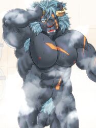 1boy abs anthro armpit_hair balls body_hair flaccid foreskin genitals hi_res horn krampus_(tokyo_afterschool_summoners) lifewonders male male_only monster muscular muscular_anthro muscular_male nude pecs penis pubes scar shower solo tamineko tokyo_afterschool_summoners tusks video_games