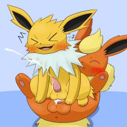 absurd_res anal anal_sex ass balls blush bodily_fluids closed_eyes cum cum_in_ass cum_inside cumshot dominant_feral duo eeveelution ejaculation feral flareon generation_1_pokemon genital_fluids genitals hi_res jolteon male male/male male_penetrated male_penetrating male_penetrating_male nintendo open_mouth pawpads paws penetration penile penile_penetration penis penis_in_ass pokemon pokemon_(species) red_body sex spread_legs spreading tokumei_tm yellow_body