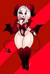 1girls arm_bands bat_wings breasts cleavage demon demon_girl demon_horns demon_tail demon_wings eyeshadow female female_focus knee_high_boots leotard long_glove navel ohthesunnyside overflowing_breasts red_eyes red_lipstick short_hair slightly_chubby solo solo_female succubus thick_thighs thighs tight_clothing white_background white_hair