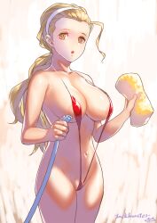 :o areolae blonde_hair breasts brown_eyes cleavage collarbone covered_nipples cowboy_shot female girls_und_panzer hair_pulled_back hair_strand hairband hamushima holding holding_hose holding_sponge hose large_breasts long_hair looking_at_viewer navel ponytail red_swimsuit sasaki_akebi slingshot_swimsuit solo sponge swimsuit yellow_sponge