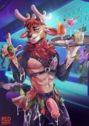 absurd_res anthro beverage bodily_fluids bondage bow_tie clothed clothing condom cum cum_on_body deer digital_media_(artwork) ejaculation filled_condom foreskin genital_fluids genitals gloves group hair half-closed_eyes handwear hi_res humanoid_genitalia leather leather_clothing leather_legwear leather_stockings leather_topwear legwear looking_away male male_prostitute male_prostitution mammal narrowed_eyes neon_lights nipples nude orange_hair partially_clothed penis redsmock sexual_barrier_device smile solo solo_focus standing stockings straps straps_across_chest strip_club topwear tray waiter