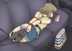 abducted arms_behind_back arms_tied ass backseat bag ball_gag blonde_hair blue_eyes bondage bondage_over_clothes car corndogsuper crotch_rope elbow_tied fair_skin gag gagged helpless hogtie jean_shorts kidnapped rope_bondage seishun_buta_yarou_wa_bunny_girl_senpai_no_yume_wo_minai short_hair tied tomoe_koga