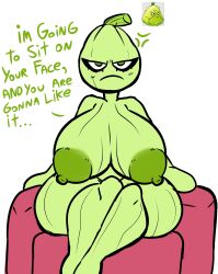 absurd_res angry anthro areola big_areola big_breasts big_nipples blush breasts chair cross-popping_vein cumlord cumlord_(artist) dialogue electronic_arts elemental_creature elemental_humanoid female flora_fauna frown furniture green_body green_eyes hi_res huge_areola huge_breasts huge_nipples humanoid imminent_facesitting just_coffee legs_together nipples nude on_chair plant plant_humanoid plantie plants_vs._zombies plants_vs_zombies popcap_games simple_background sitting sitting_on_chair solo squash_(pvz) squash_me_with_that_ass text thick_thighs video_games white_background wide_hips