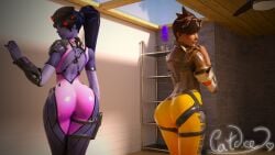 2girls 3d big_ass blizzard_entertainment bodysuit catdice curvy eyewear_on_head female_only hourglass_figure human leggings looking_at_viewer overwatch purple_skin tagme tattoo tracer widowmaker