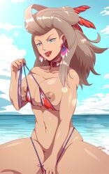 1girls 2d areolae beach big_breasts bikini blue_eyes breasts female female_focus female_only female_solo highres long_hair looking_at_viewer naked naked_female nintendo nipples nude nude_female pokemon pokemon_sv professor_sada_(pokemon) pulling_clothing scitty_titty scittykitty solo solo_female tagme thick_thighs thighs tongue tongue_out