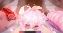 1boy 1girls 3d animated condom condom_wrapper cum_in_pussy dark-skinned_male demon doggy_style incubus interracial interspecies koikatsu laying_down laying_on_bed pink_eyes pink_hair playing_videogame rough_sex switch_console