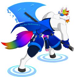 1boy anthro belt blazblue bottomwear cape casual_exposure clothing dave_(character) elemental_manipulation equid equine eyewear genitals gloves goggles handwear horn male male_only mammal melee_weapon notkastar penis rainbow ripples shorts solo sword unicorn video_games water water_manipulation weapon wings