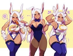 1girls animal_ears armpits arms_up blue_stockings blush blushypixy blushyspicy breasts brown_pantyhose bunny_ears bunny_girl bunny_tail bunnysuit carrot cleavage clothed dark-skinned_female dark_skin female female_only fully_clothed happy large_breasts latex long_hair looking_at_viewer miruko my_hero_academia pantyhose playboy_bunny posing rabbit_ears rabbit_girl rabbit_tail red_eyes rumi_usagiyama shiny_clothes simple_background smiling solo solo_focus standing thick_thighs thighhighs thighs tight_clothing torn_clothes torn_legwear torn_shirt uncensored white_gloves white_hair white_shirt wrist_cuffs