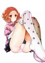 1girls ass atlus blush brown_eyes brown_hair curly_hair female floofy_hair fluffy_hair haru_okumura leggings leggings_down legs legs_up panties persona persona_5 sega seiru_(prairie) solo solo_female wavy_hair