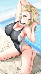 armpits arms_up asahina_hikage bangs bare_shoulders black_swimsuit blonde_hair blue_eyes blush breasts cleavage collarbone covered_navel female highleg highleg_swimsuit highres large_breasts long_hair one-piece_swimsuit open_mouth original parted_bangs pointy_chin pool poolside sitting solo swimsuit thighs wariza water wet