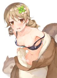 animal_costume bangs black_bra blush bra breasts brown_eyes collarbone commentary_request cosplay drill_hair earrings eyebrows_visible_through_hair female female flower hair_flower hair_ornament highres idolmaster idolmaster_cinderella_girls ishihara_(kuniyoshi) jewelry kigurumi light_brown_hair looking_at_viewer md5_mismatch medium_hair morikubo_nono navel nipple_slip nipples open_clothes open_mouth ringlets small_breasts solo source_mismatch squirrel_costume squirrel_tail standing strap_slip stud_earrings sweat tail underwear undressing wardrobe_malfunction