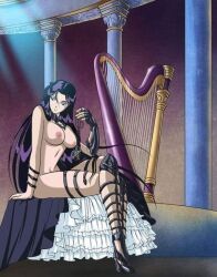 1girls black_hair breasts breasts_outside busty crossed_legs dark_violet_eyes dark_violet_hair goth harp human large_breasts long_hair nude nude_female pale-skinned_female pale_skin pandora_(saint_seiya) ponchocop saint_seiya shounen_jump showing_breasts sitting specters thighs villainess