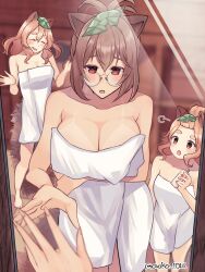 3girls animal_ears aoko_(myut7287) bangs barefoot breasts brown_eyes brown_hair cleavage closed_eyes female fingernails glasses highres holding large_breasts leaf leaf_on_head long_hair looking_at_viewer lotion mamizou_futatsuiwa mirror multiple_girls open_mouth raccoon_ears raccoon_girl raccoon_tail reflection standing tail tan tanline tanuki_mob_(touhou) touhou towel