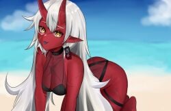 akumi female oni oni_horns red_skin scars virtual_youtuber vyugen white_hair yellow_eyes