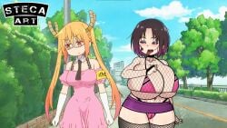 2girls bikini bodysuit breasts conscious edit edited elma_(dragon_maid) fishnets huge_breasts imminent_sex kobayashi-san_chi_no_maidragon miniskirt miss_kobayashi's_dragon_maid multiple_girls orange_eyes prostitute prostitution screen_capture screencap screenshot screenshot_edit sexually_suggestive steca thelazyart tohru_(dragon_maid)