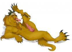 anthro beast_(disney) beauty_and_the_beast brown_fur claws closed_eyes disney disney_prince furry horns licking_leg licking_self male male_only nelsonnoir open_mouth solo tongue_out