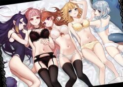 5girls :3 :d absurdres arm_up ass bangs bare_arms bare_legs bare_shoulders black_bra black_garter_belt black_legwear black_panties blonde_hair blue_bra blue_eyes blue_hair blunt_bangs bow bow_bra bra breasts brown_hair collarbone commentary fan_mascot_(vtuber) female fingernails fish_tail garter_belt garter_straps gawr_gura hair_spread_out highres hololive hololive_english hololive_myth holomyth lace lace-trimmed_bra lace_trim large_breasts leotard lingerie long_hair long_sleeves looking_at_viewer lying mori_calliope multiple_girls nail_polish navel ninomae_ina'nis on_back on_bed on_stomach open_mouth panties parted_lips pink_eyes pink_hair pointy_ears purple_hair red_eyes shark_tail small_breasts smile smilesmile1312 stomach strap_slip tail takanashi_kiara tako_(ninomae_ina'nis) thigh_gap thighhighs underwear underwear_only very_long_hair virtual_youtuber watson_amelia white_bra white_legwear white_panties yellow_bra yellow_panties