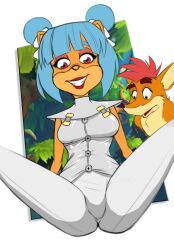 blue_hair clothed clothing crash_(series) crash_bandicoot crash_team_racing crash_team_racing_nitro-fueled female legs_up megumi_bandicoot qadeshart red_eyes smile