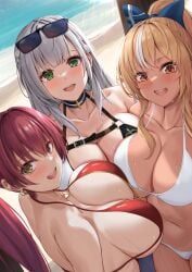 2022 3girls absurd_res back beach bikini blonde_hair breasts breasts_touching cleavage female female_only green_eyes heterochromia hololive houshou_marine huge_breasts kuutamo long_ears long_hair long_ponytail looking_at_viewer massive_breasts outdoors pointy_ears ponytail red_eyes red_hair shiranui_flare shirogane_noel smile sunglasses sunglasses_on_head sweat sweaty_body tan tan-skinned_female tanned_skin virtual_youtuber white_hair yellow_eyes