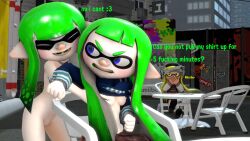 3d exhibitionism forced_exposure inkling inkling_girl jennifer_(thesssfm) oc pulled_up_shirt splatoon text thesssfm thesssfm(oc) watching yuri