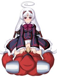 1boy 1girls clothed_sex crossover crossover_pairing laying_down laying_on_back leandroff5 m_bison smiling smiling_at_another street_fighter under_night_in-birth vaginal_penetration vatista