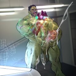 1boy avengers avengers:_endgame balls bara big_balls big_penis boner cum erection gay green-skinned_male green_skin hairy hulk hulk_(series) infinity_gauntlet male male_only marvel marvel_cinematic_universe masturbation mature mature_male milkywaybara muscular nano_gauntlet orgasm penis professor_hulk solo solo_male