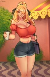 blonde_hair blue_bottomwear bottomwear breasts casual cynthia_(pokemon) game_freak hair_over_one_eye light-skinned_female light_skin long_hair looking_at_viewer pokemon pokemon_dppt qthead smiling smiling_at_viewer thighs voluptuous