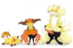 3boys animal_penis anthro anthrofied balls braixen delphox fennekin furry fusion male male_only nelsonnoir ninetales open_mouth penis pokemon pokemon_(species) pokemon_rgby pokemon_xy red_eyes smile vulpix