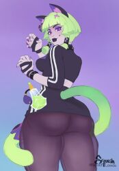 berenice_(dislyte) big_ass big_butt cat_ears catgirl dislyte green_fur green_hair huge_ass huge_butt kemonomimi large_ass large_butt looking_at_viewer looking_back looking_back_at_viewer makeup perky_breasts squishlewds tail thick thick_ass thick_thighs